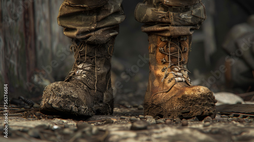 Close-Up View of Mud-Caked Boots on Rugged Terrain © Denis Bayrak