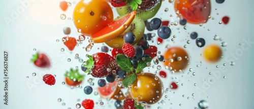 colorful background with flying fruits on white background 