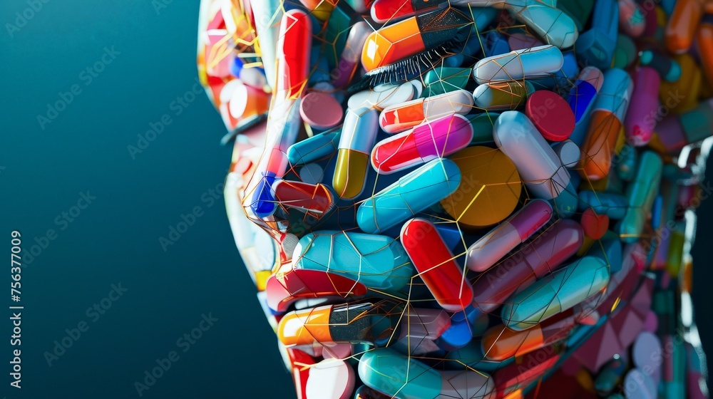 human brain with pills and tablets 3d. Colorful composition  concept healthy for medical on blue background