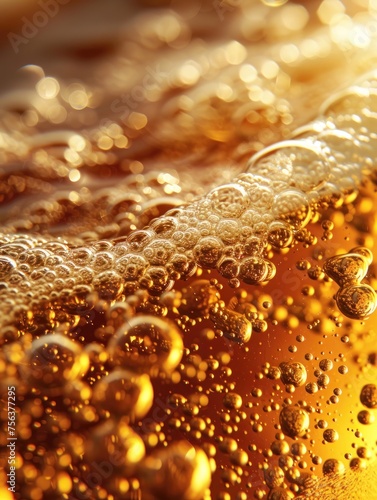 Pouring beer with bubble closeup background, texture foam, drink alcohol celebration party holiday new year concept. Droplets on freshly poured beer