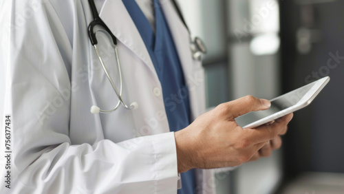 Health professional focused on a tablet, wearing lab coat and stethoscope in a clinic.