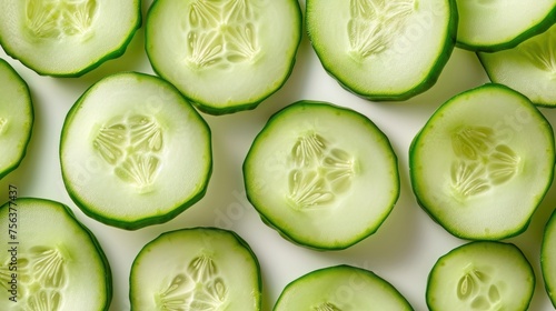 Cucumber Fresh slices isolated on white background pattern closeup, minimal. Summertime concept banner, cucumber for grocery product package, advert