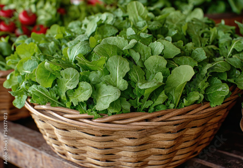 Arugula leaves Green Fresh Organic on wooden background, close up. Vegetable, raw arugula for healthy vegetarian salad.