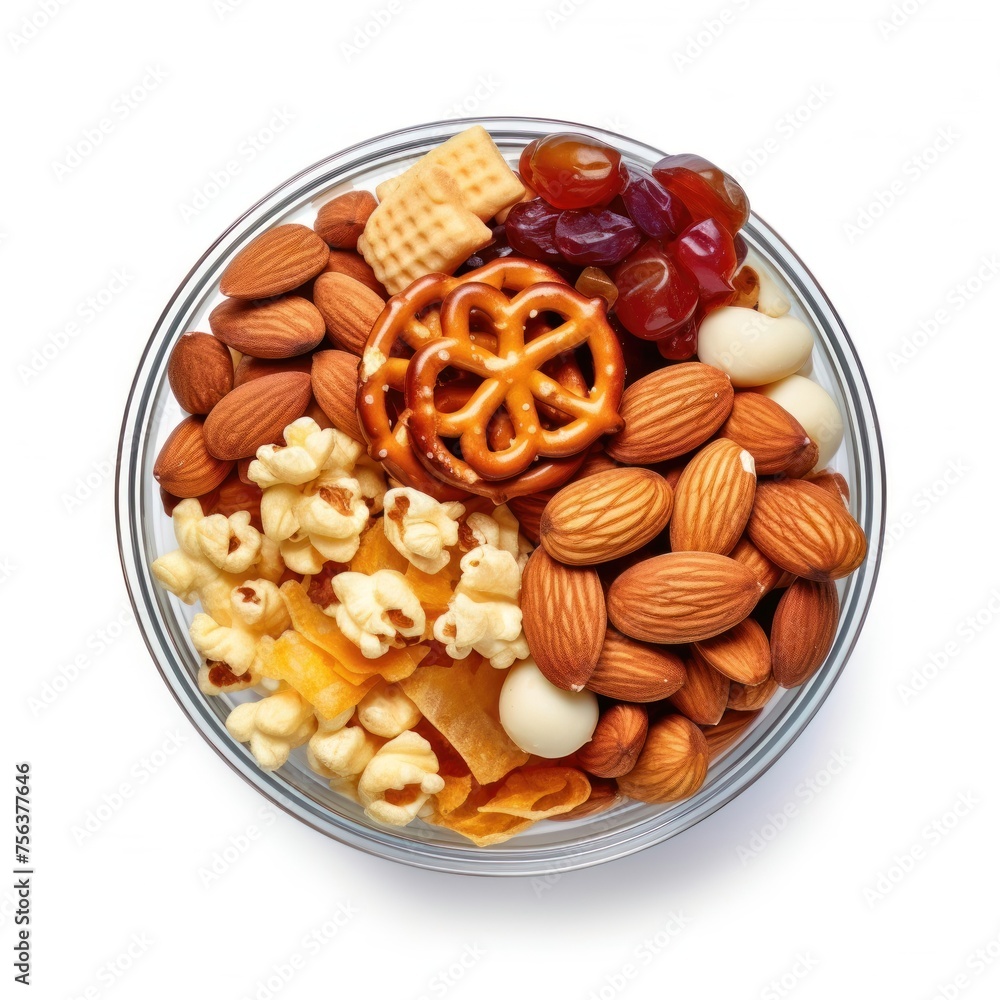 Salty Snacks in bowl, Chips, Pretzel, Crackers, Dried Fruits, texture isolated on white background. Party food mix, appetizers. Product snacks advertising Salty Snacks in bowl, Chips, Pretzel, Crackers, Dried Fruits, texture isolated on white background. Party food mix, appetizers. Product snacks advertising