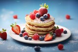 Pancakes creative decorated background with syrup, berry, fruit on plate. American breakfast pancakes stack for kid menu, advert or package