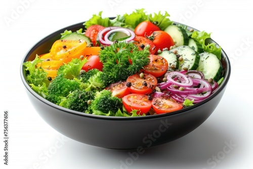 Vegetables salad on plate isolated on white background. Vegetarian healthy salad with lettuce, tomato, cucumber, radish. Vegan fresh mixed meal for restaurant, menu, advert or package, close up.