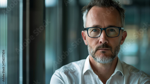 Serious-looking middle-aged man with glasses in thoughtful contemplation.