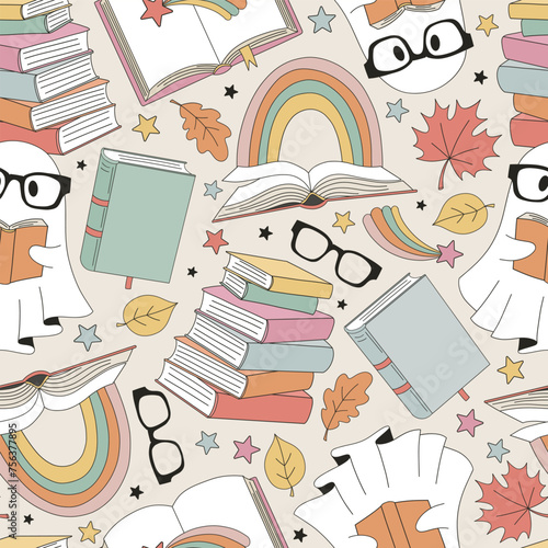 Funny cartoon spooky ghost pupil in glasses with books vector seamless pattern. Groovy hand drawn back to school education background.