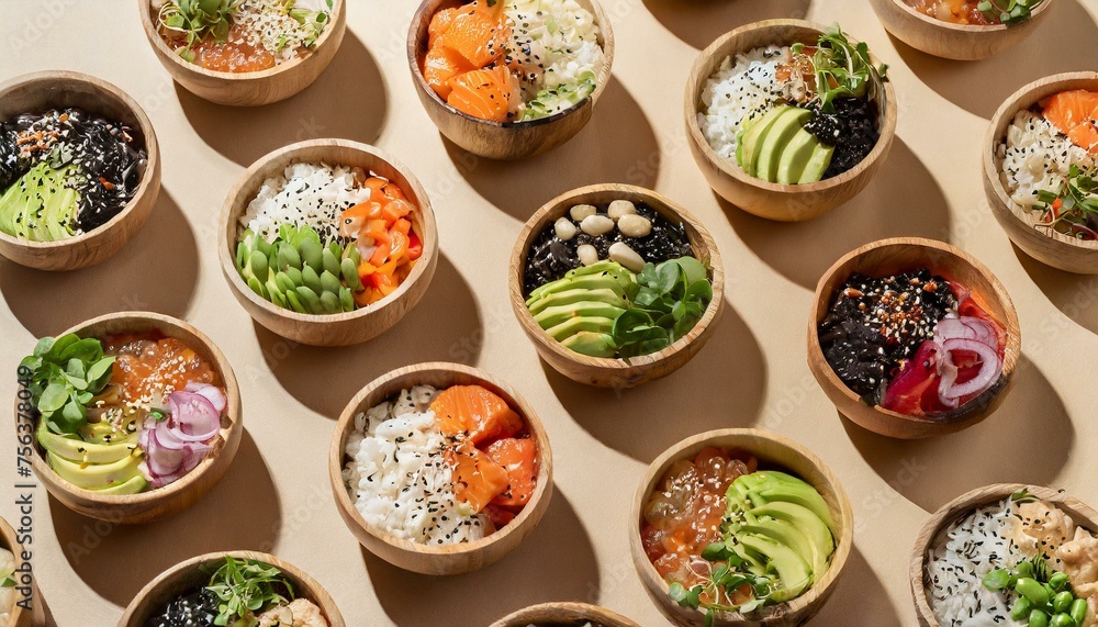 different poke bowls in wooden bowls on beige backdrop harsh light different poke bowls in wooden bowls on beige backdrop harsh light