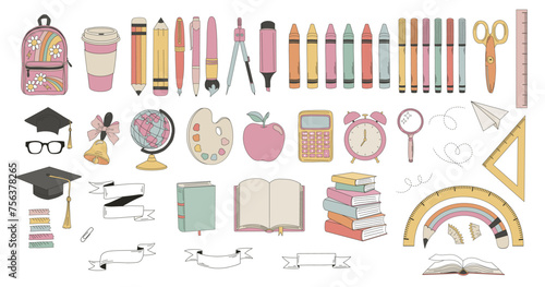 Hand drawn school supplies for students backpack pencil pen globe calculator textbook etc vector illustration set isolated on white. Groovy back to school education print collection.
