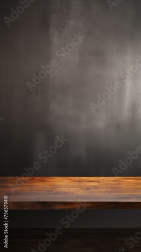 An empty brown wooden countertop against a dark gray concrete wall. Template, Layout, showcase, platform for product demonstration and presentation.