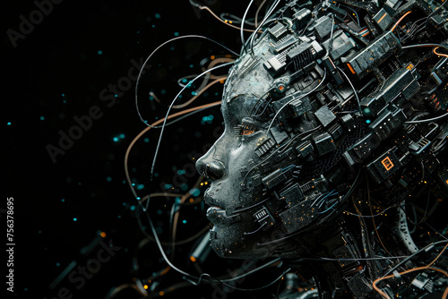 side view of android with microchips and wires covered with metal details on black background