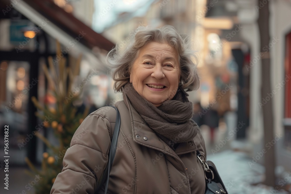 Elderly Woman in her 60s Walking Down a Street With a Handbag smiling at camera. 