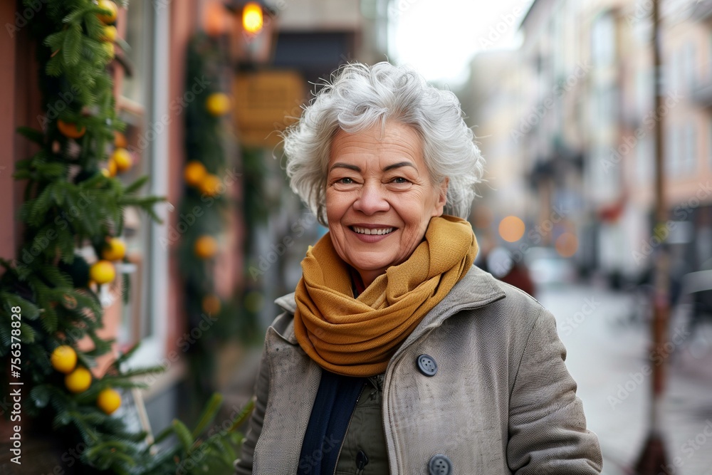 Elderly female in her 70s standing in the city smiling at camera. 