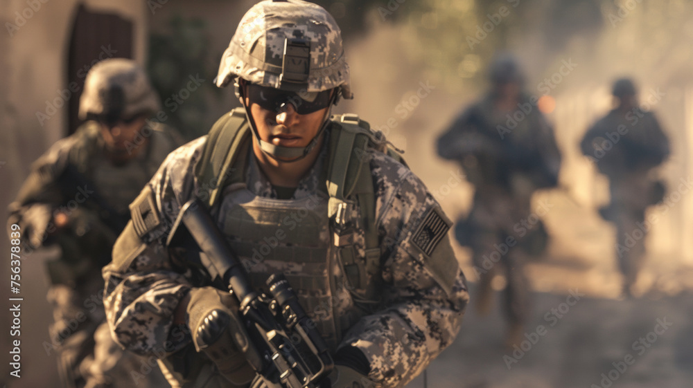 Fototapeta premium Soldier advancing through dust in a dynamic military operation scenario.