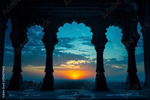 Indian arch silhouette in old temple at dramatic dark blue sunset sky background. Free space for text - generative ai