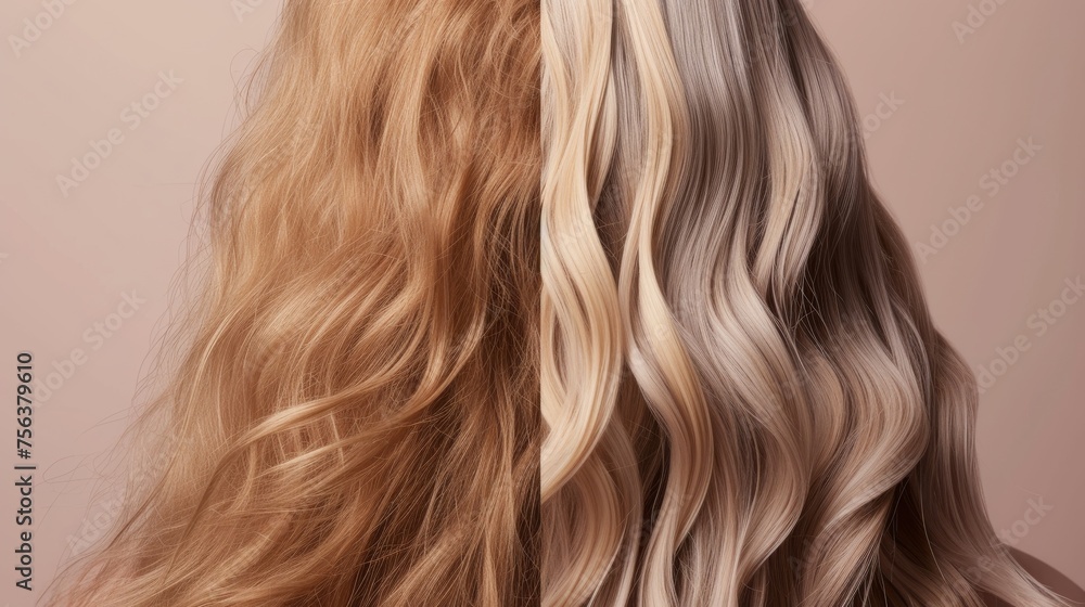 Naklejka premium Comparison of hair transformation, showing a before and after of hair coloring blonde, brunette or vibrant auburn with styled curls.