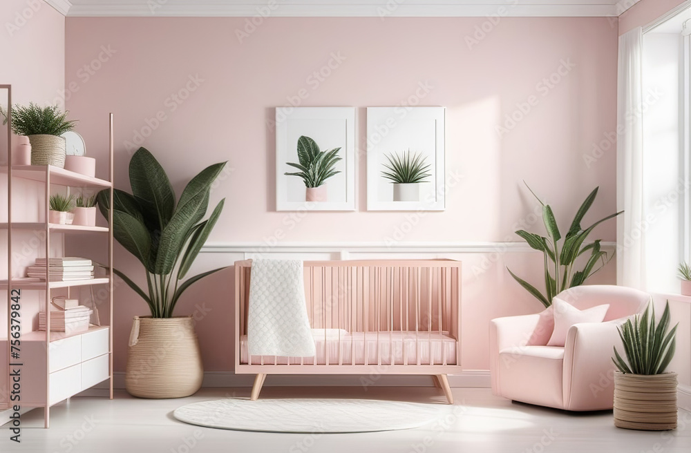 modern styled nursery in light pink and peach colors