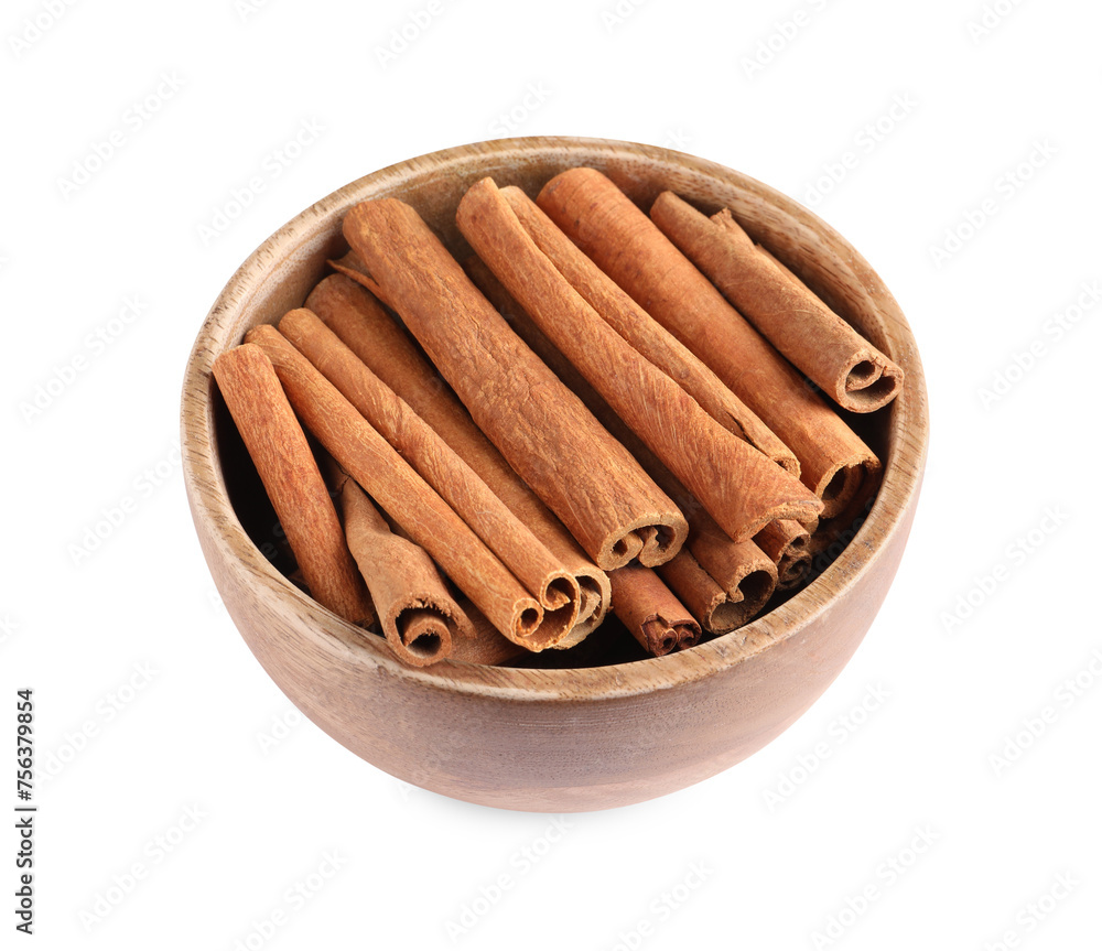 Cinnamon sticks in bowl isolated on white Cinnamon sticks in bowl isolated on white