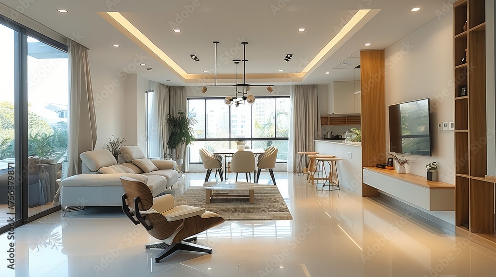 Modern minimalist style, open living room and dining area with a white table in the center of an apartment. Generative AI. Modern minimalist style, open living room and dining area with a white table in the center of an apartment. Generative AI.