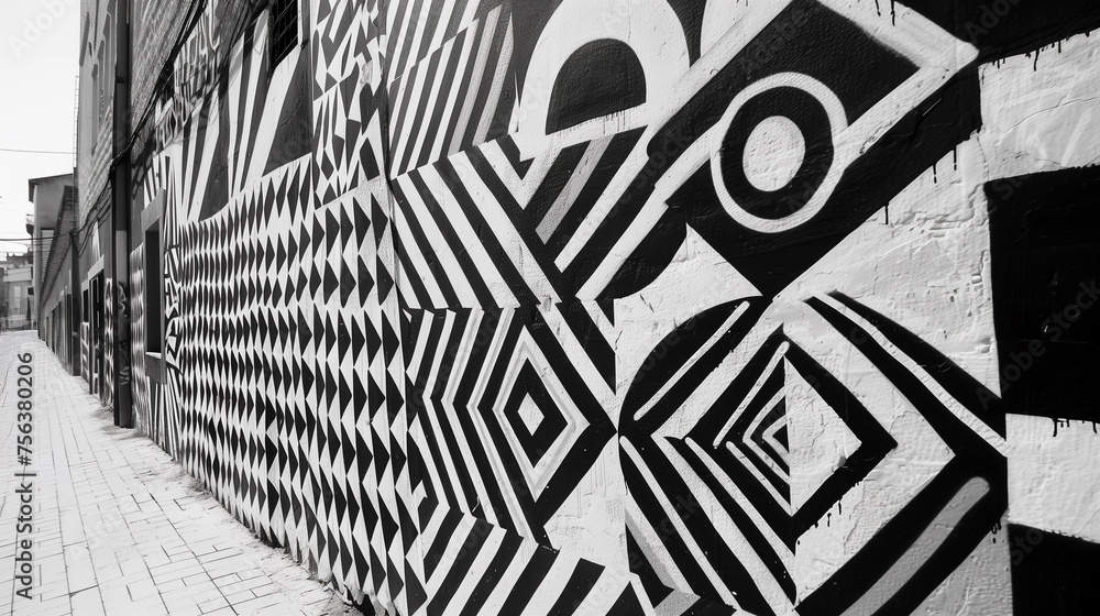 Naklejka premium Monochrome urban street art mural with abstract geometric patterns on a building wall, suitable background for adding text, with a sidewalk perspective, Jerez Spain