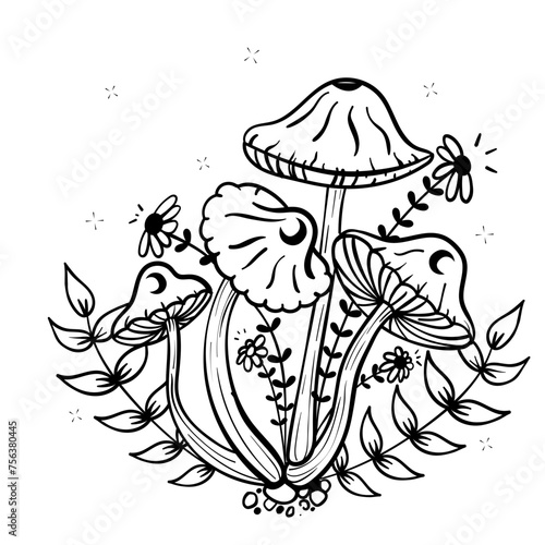 Champignons fins psychédéliques style linéaire noir