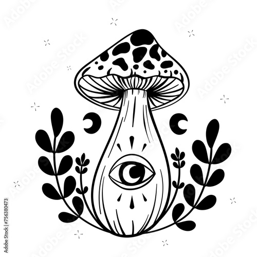 champignon psychédélique style linéaire noir avec un œil