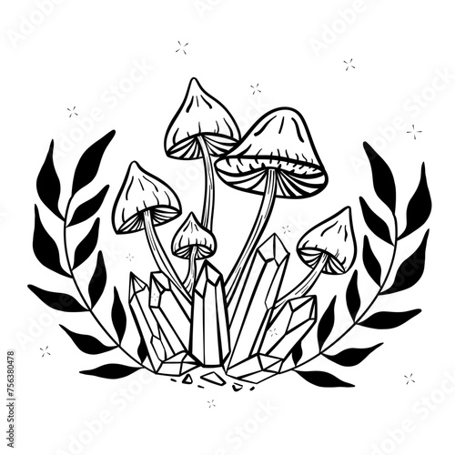 Champignons fins psychédéliques avec des cristaux style linéaire noir