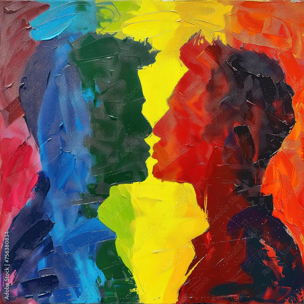 Couple gay men, facing each other, with a background of the colors of the lgbt flag. Gay Pride's day. Icon