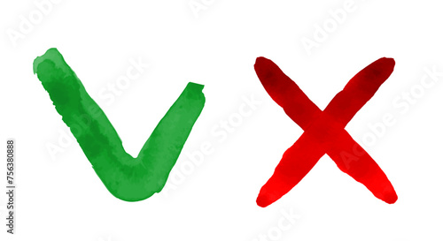 Watercolor cross and check mark. Vector clipart isolated on white background.