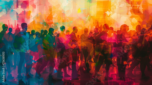 Vibrant multicolored abstract painting of a crowd with overlay textures, suitable for backgrounds with space for text, depicting themes of diversity, community, and social gatherings