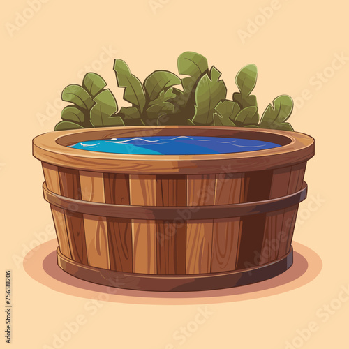 Wooden tub for bath. Sauna water basin icon. Wellness spa procedures vector illustration