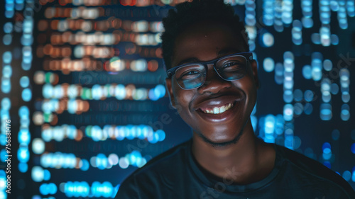 Smiling young man with glasses, illuminated by captivating digital data.