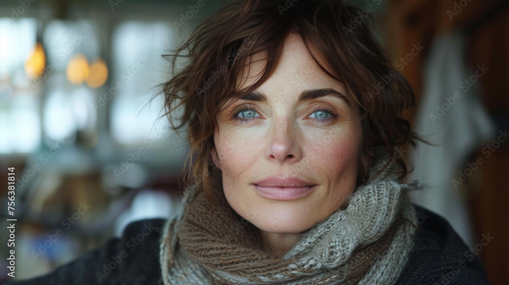 Serene woman with blue eyes wrapped in a cozy scarf, exuding warmth. Serene woman with blue eyes wrapped in a cozy scarf, exuding warmth.