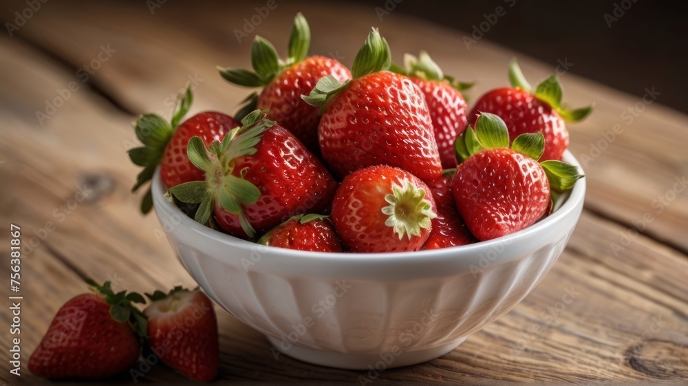 Ripe juicy strawberries in a white bowl on a wooden table. Ripe juicy strawberries in a white bowl on a wooden table.