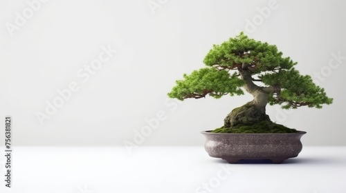 a bonsai tree with white background. Negative space. Free space for text. Generative AI