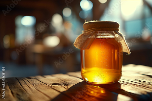 A jar full of honey. Placed on a wooden table by the window. There was soft sunlight shining on it, shining like gold.