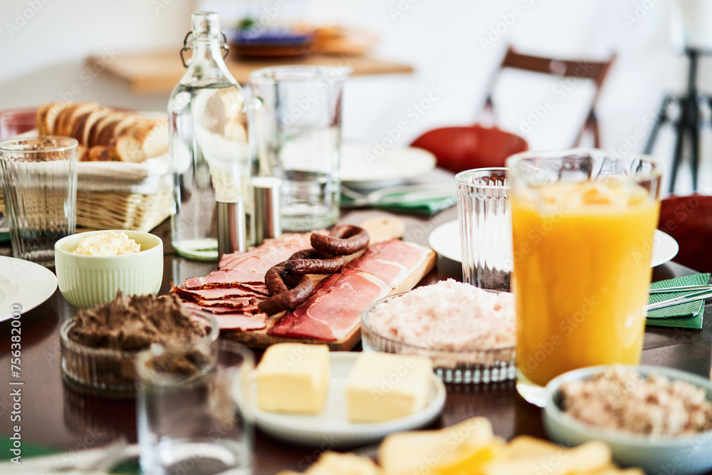 Closeup of continental breakfast on table in cafe Closeup of continental breakfast on table in cafe