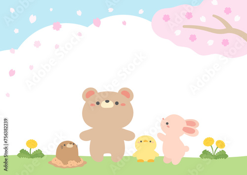 桜の木の下で、かわいい動物たちが桜を見ている春のベクターイラスト
