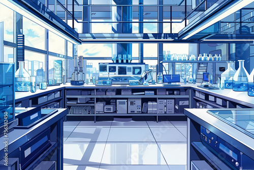 Modern, clean laboratory interior with advanced scientific equipment, blue tones, suitable for technology or research-themed backgrounds with copy space