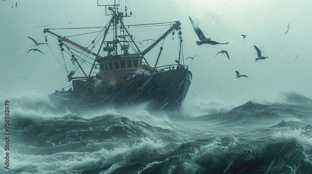 A ship sails on a stormy sea with birds flying around. Generated AI. A ship sails on a stormy sea with birds flying around. Generated AI.
