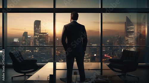 A confident businessman consultant, his silhouette outlined against a backdrop of floor-to-ceiling windows, commanding the attention of the viewer with his magnetic presence photo