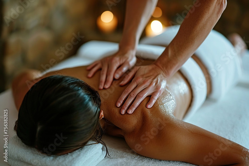 Masseur doing massage on body in spa salon with candles. Wellness therapy, treatment woman back photo