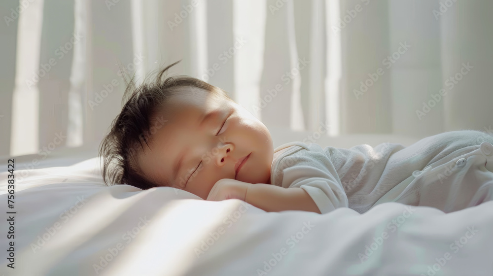 Aesthetic portrait of Asian newborn baby smiling while sleeping. Light colors, sunlight and shadows. Generative AI Aesthetic portrait of Asian newborn baby smiling while sleeping. Light colors, sunlight and shadows. Generative AI