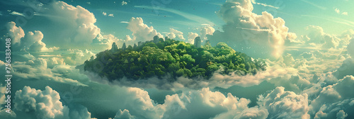 Majestic panoramic view of a lush green fantasy floating island above the clouds, with a serene and dreamy atmosphere perfect for backgrounds and imaginative concepts © fotogurmespb
