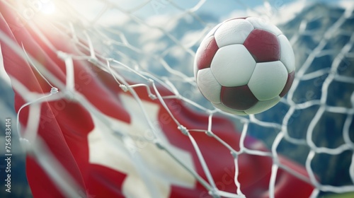 Soccer ball and Switzerland flag on the background of the football goal. Concept of 2024 UEFA European Football Championship