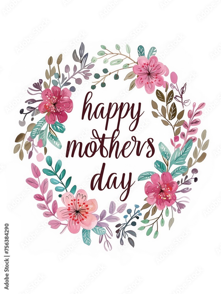 happy mothers day watercolour wreath design on white background