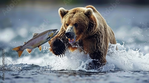Wild bear catching leaping salmon, feeding on fish in its natural habitat near a river