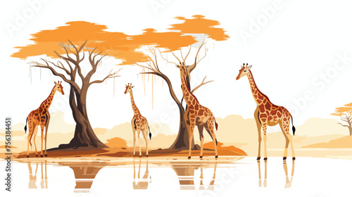 A family of giraffes gracefully bending down to dri