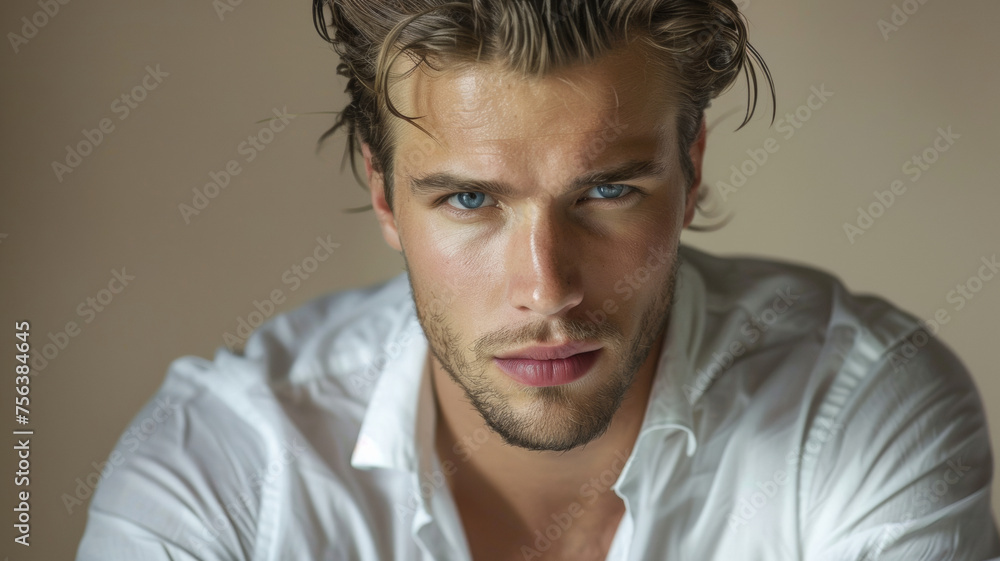 Obraz premium Intense gaze of an attractive man with tousled hair.